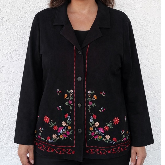 JM Collection Jackets & Blazers - JM Collection Vintage Black Button Down Embroidered Floral Large Jacket Blazer